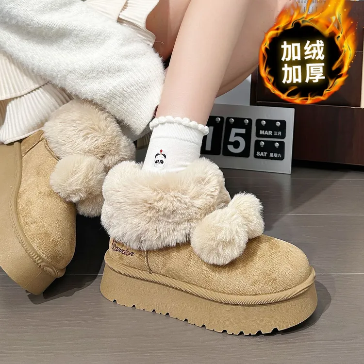 回力可爱毛球雪地靴女冬季加绒加厚保暖短筒靴时尚厚底棉鞋子女款