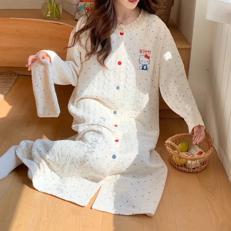 大码空气棉待产裙带胸垫孕妇睡衣产后哺乳睡裙月子服秋冬厚款长裙