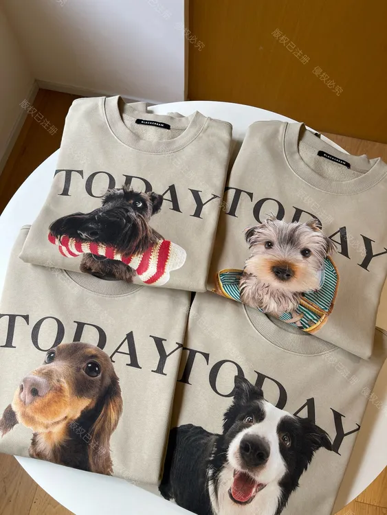 【卡其色狗狗】有口袋毛圈底狗狗印花高个子卫衣加长版男女同款