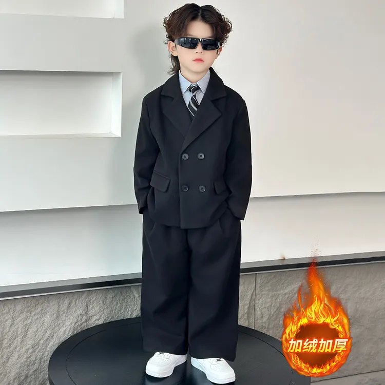 加绒款男童呢子礼服秋冬新款2025儿童主持人演出服装花童西装套装