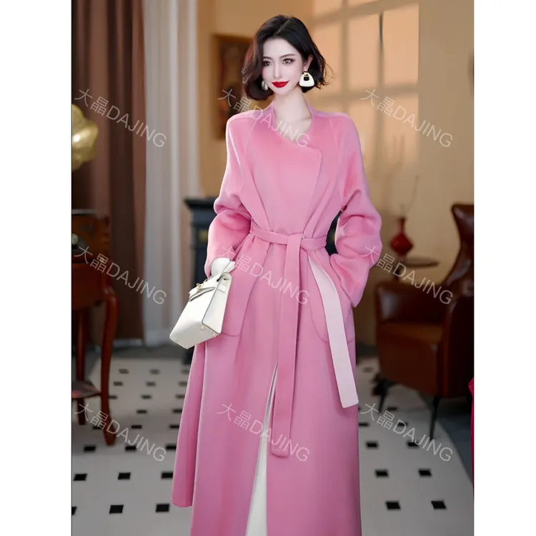 【大晶定制】“人间水蜜桃”冬季双面双色绵羊毛系带修身中长款大衣
