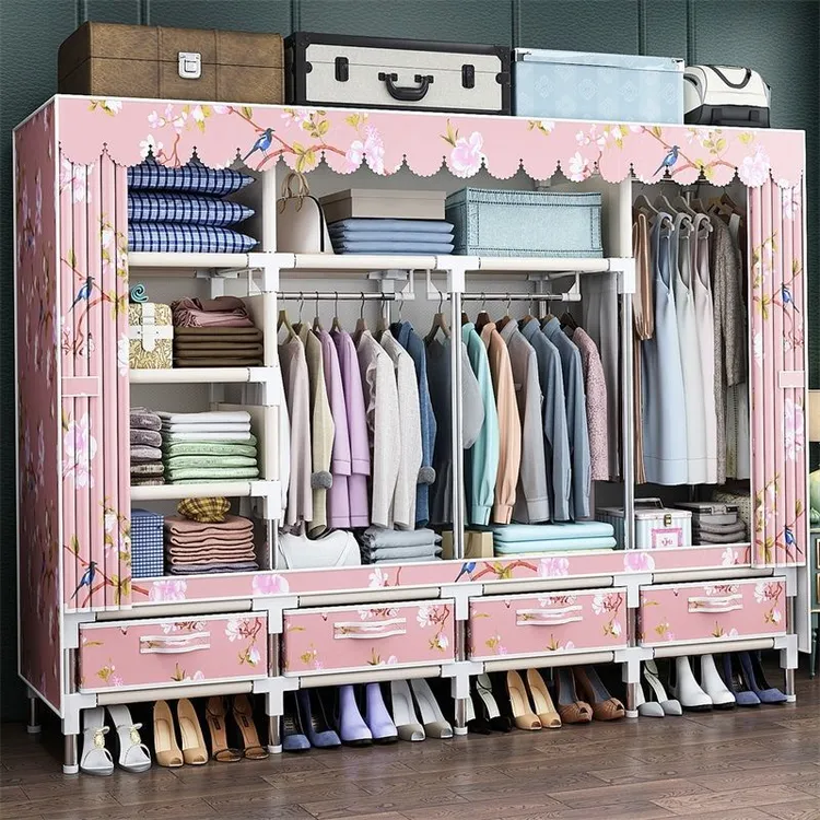 新疆包邮布衣柜钢管加固简约现代带抽屉简易组装挂衣橱出租屋房用