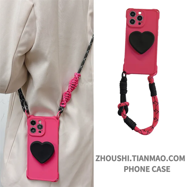 手腕绳创意粉色爱心气囊支架适用苹果16手机壳15plus新款13挂绳斜