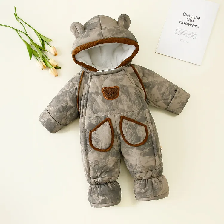 新款韩版冬季婴儿加绒加厚连体衣宝宝小熊新生儿包脚哈衣外出男宝
