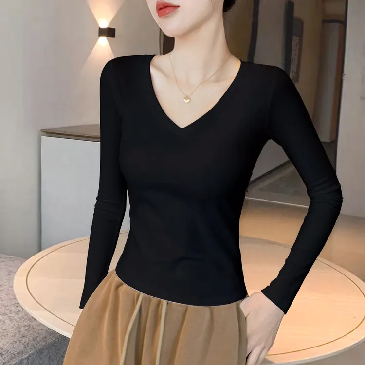 纯棉v领长袖t恤女修身低领设计黑色上衣2025新款打底衫春秋冬内搭