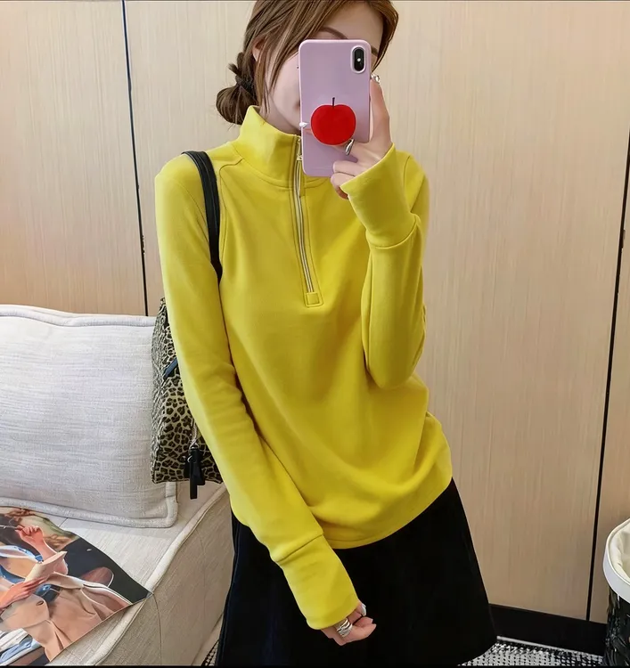 大码德绒自发热锁温半拉链打底衫女秋冬修身百搭立领显瘦纯色上衣