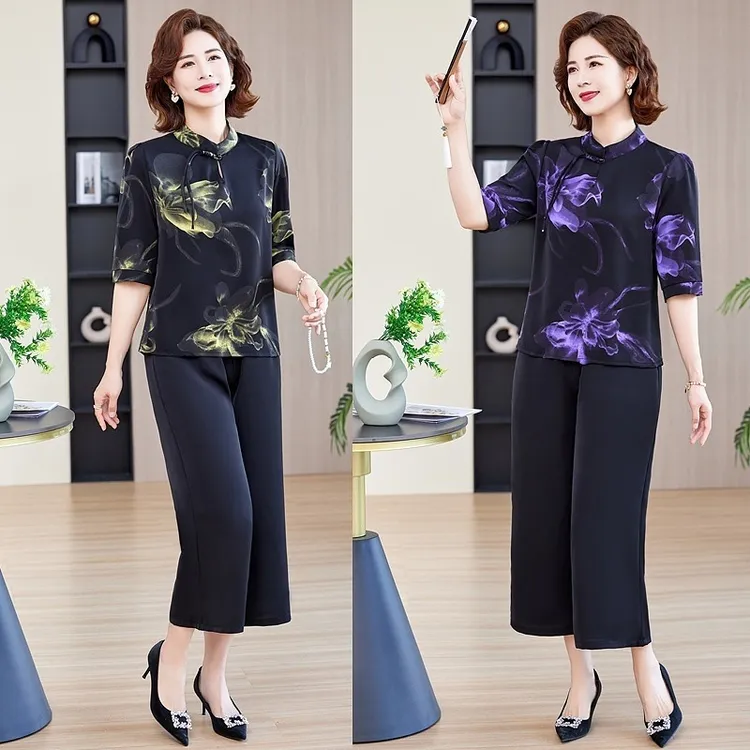 两件套妈妈老年人套装60雪纺衣服减龄中年夏季国风穿搭岁妇女夏日