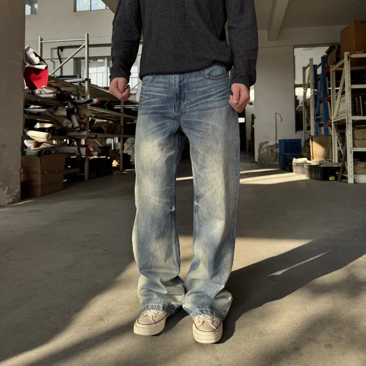 南香山限定* inall 大师手作14oz竹节纯棉重磅水洗立体猫须牛仔裤