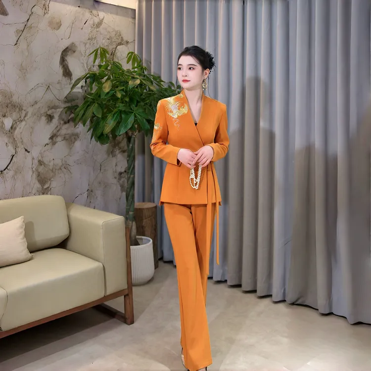 878-国风新款时尚职业气质精致重工凤凰刺绣V领干练修身西服套装