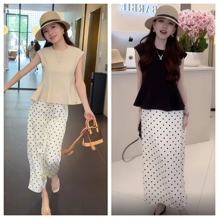 婷婷推荐 韩版简约高级感荷叶边设计感小众无袖衬衣+波点半裙 轻 