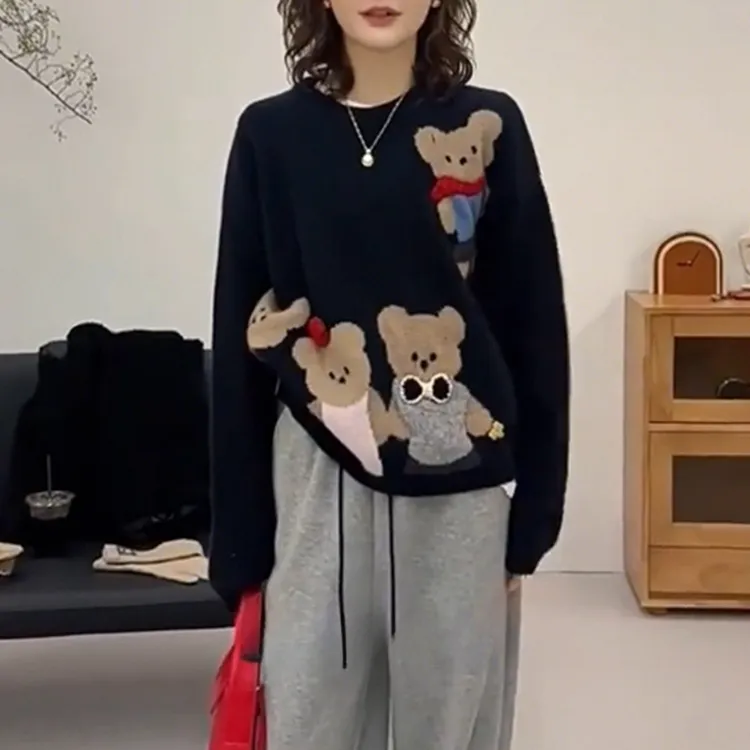 春季新款针织衫女提花设计感小熊圆领毛衣洋气减龄宽松显瘦上衣潮