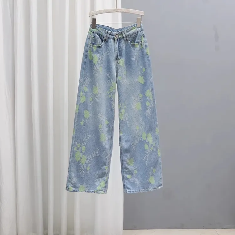 夏季新款高腰牛仔裤2025宽松显瘦复古拼色花纹时尚百搭休闲直筒裤