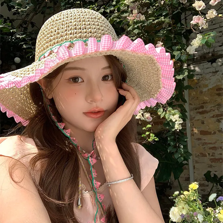 粉色格子花边编织草帽女夏季出游海边沙滩遮阳防晒帽草编太阳帽