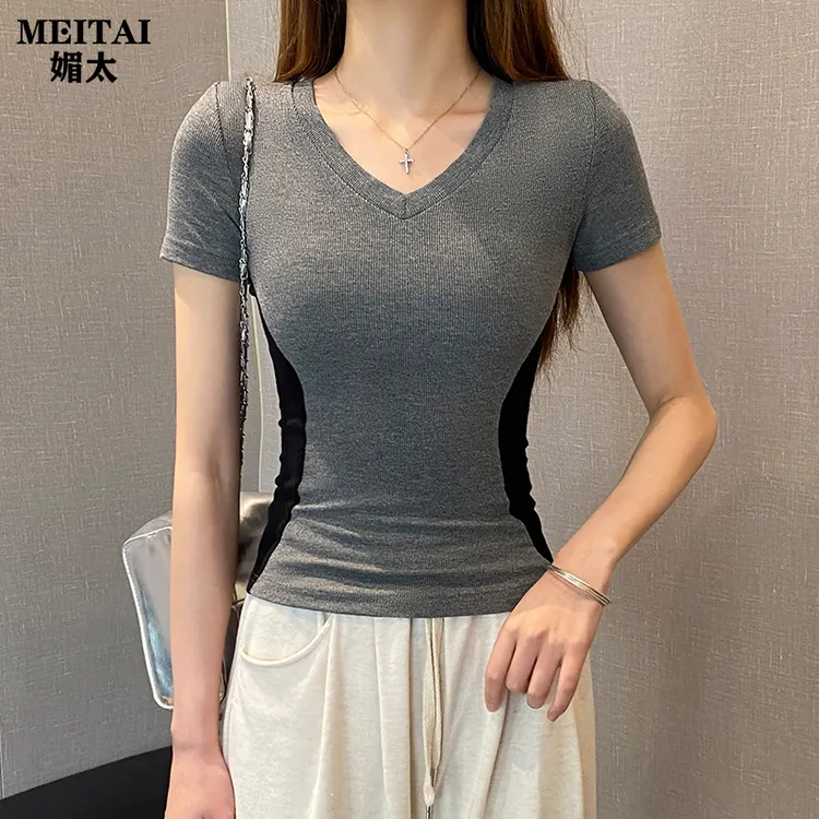 MEITAI媚太螺纹V领拼色短袖t恤女春夏修身低领打底衫内搭收腰上衣