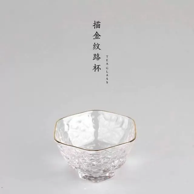 锤纹高硼硅耐热玻璃描金六角金边个性日式品茗杯礼盒包装四支装