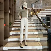 【一万个理由】秋季白色时尚烟管裤底印百搭休闲时尚女休闲裤9381