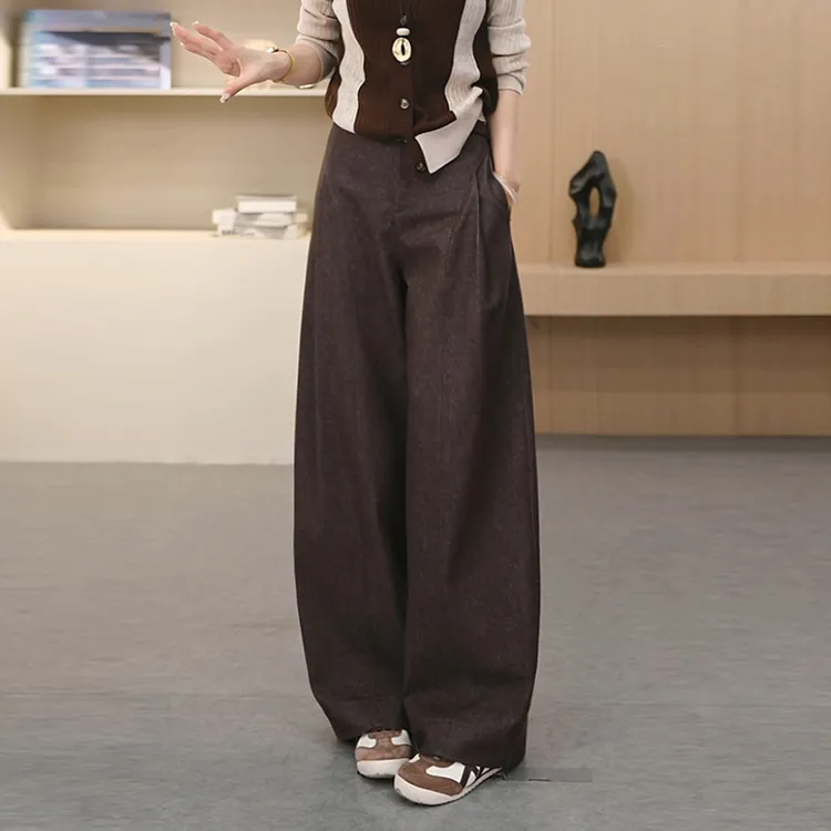 V/雅鹿爆款毛呢阔腿贝斯裤女2025秋冬新高级设计感显瘦窄版休闲裤