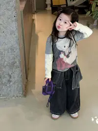女童套装2025秋季新款假两件打底衫背心两件套假两件牛仔裤套装潮