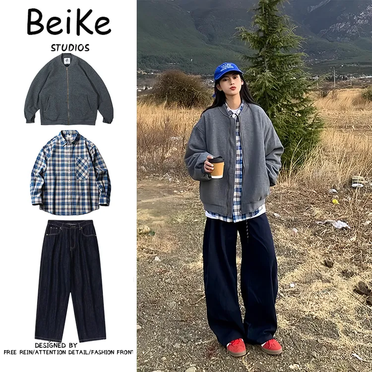 三件装/美式复古春秋季棒球服外套男女宽松情侣华夫格夹克上衣潮