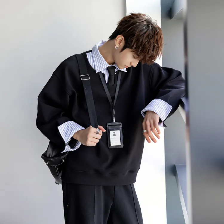 CHICERRO西西里男装美式高级衬衫领拼条纹假两件卫衣男设计感潮流