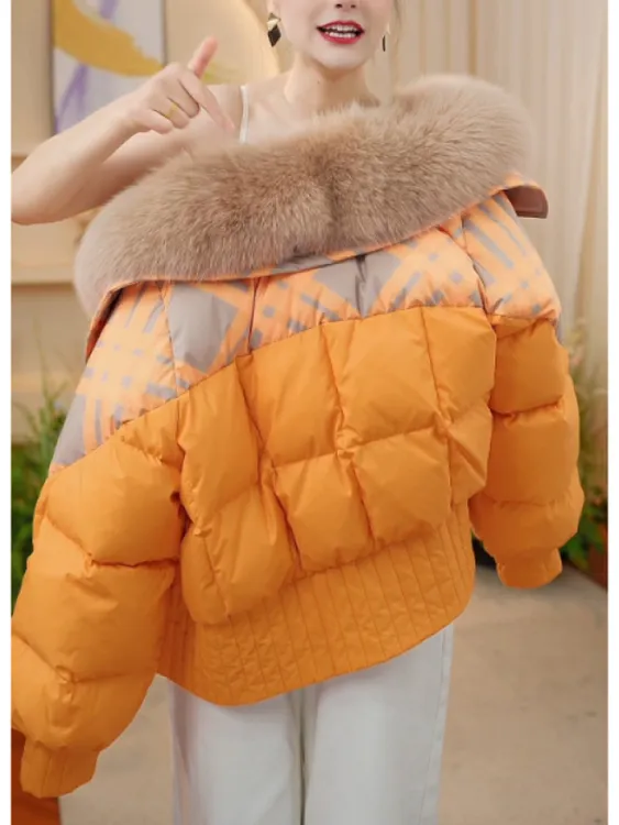 复古设计感撞色洋气减龄外套女2025冬季新款加厚保暖毛领棉衣棉服