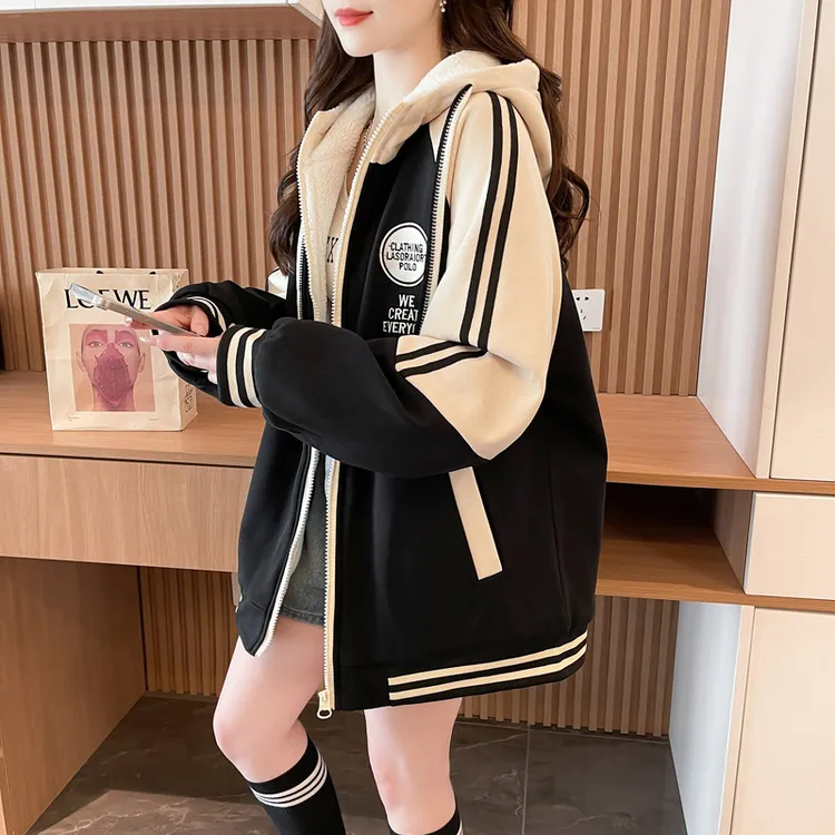 加绒加厚棒球服女冬季棉服初高中学生宽松休闲大码连帽卫衣外套潮