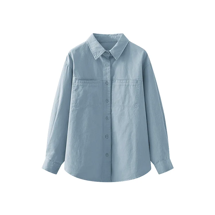 纯色长袖翻领磨毛衬衫女休闲宽松设计感上衣