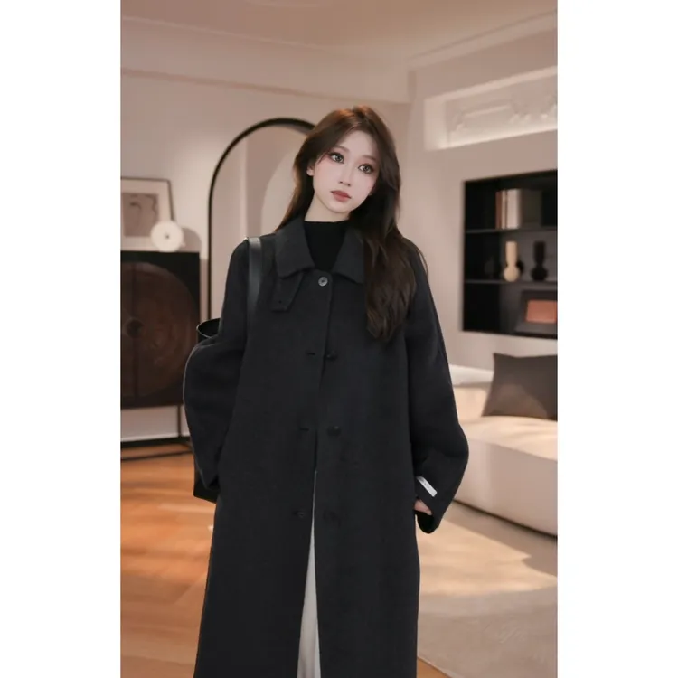 《山羊绒+绵羊毛》顶奢面料双面呢立领山羊绒绵羊毛大衣带腰带长款