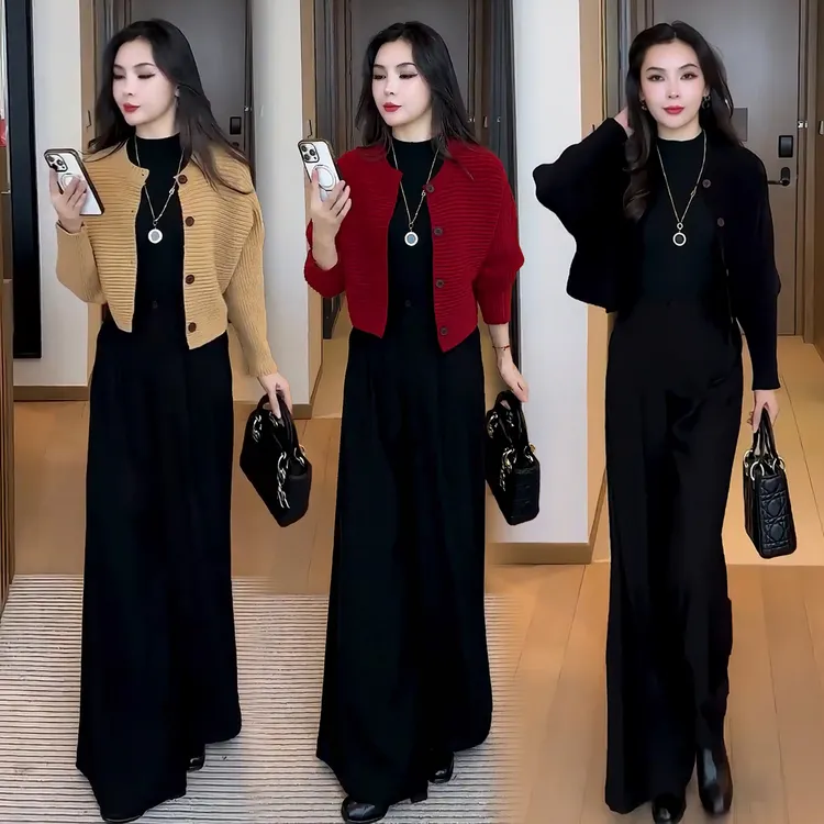 时尚套装女2025秋冬新款时髦洋气针织开衫外套显瘦阔腿裤两件套潮