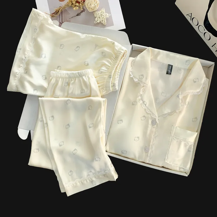 【三件套带胸垫】爆款KT猫春秋新款冰雪丝翻领开衫甜美家居服套装