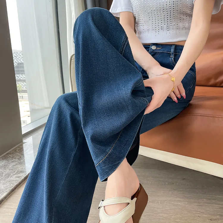 微喇牛仔裤女夏季薄款2025年莱赛尔深蓝色宽松弹力不贴腿喇叭长裤