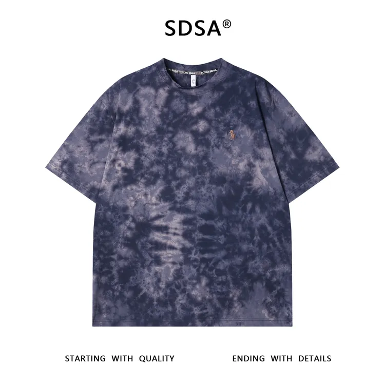 夏季高级感新款男士潮牌扎染晕染刺绣标短袖T恤时尚百搭圆领上衣