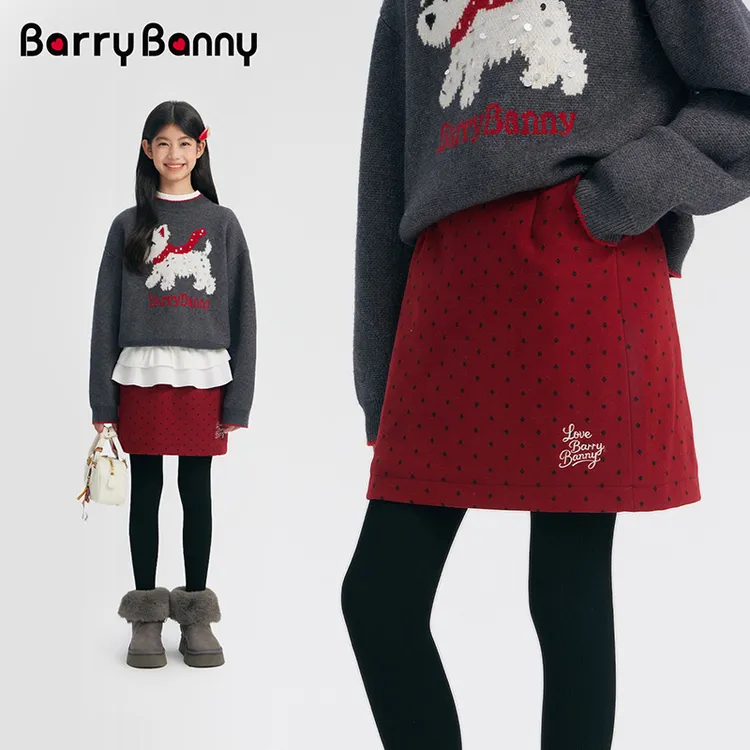 BarryBanny女童波点半身裙2025秋冬新款短裙夹棉中大女孩子儿童裙