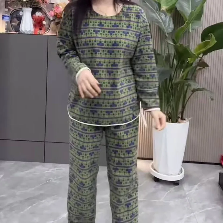 女士秋冬加厚圆领长袖可外穿时尚保暖家居服睡衣