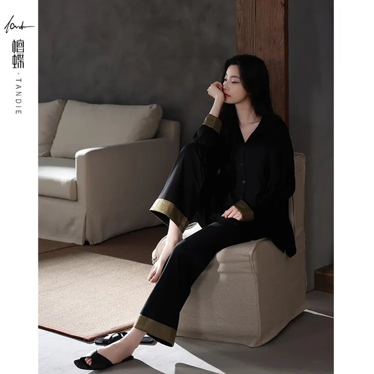 檀蝶纯棉居家女款爆款2025新款秋季撞色鎏金家居服女可外穿