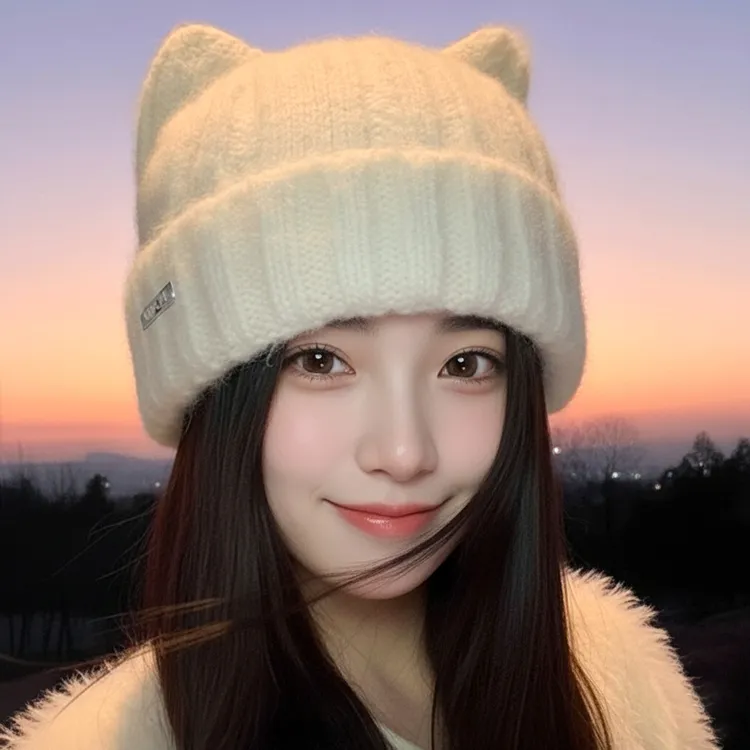 猫耳朵帽子女秋冬毛线帽大头围可爱保暖冷帽显脸小防寒护耳针织帽