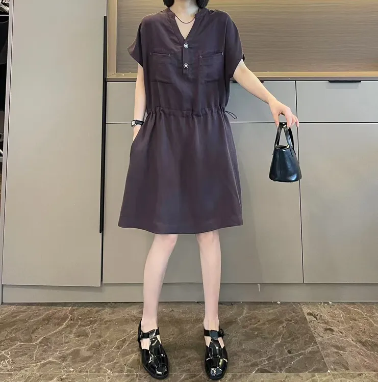 米可/MK-2236LJ【设计感抽绳收腰V领连衣裙】时尚夏季新款连衣裙