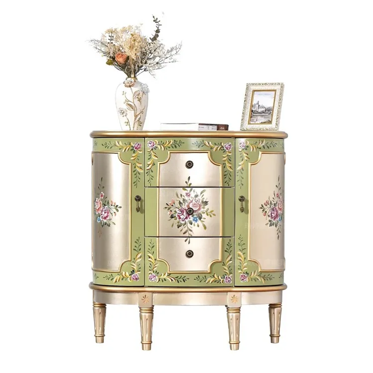 美式乡村半圆玄关柜实木隔断入户客厅装饰沙发边柜复古彩绘斗柜长