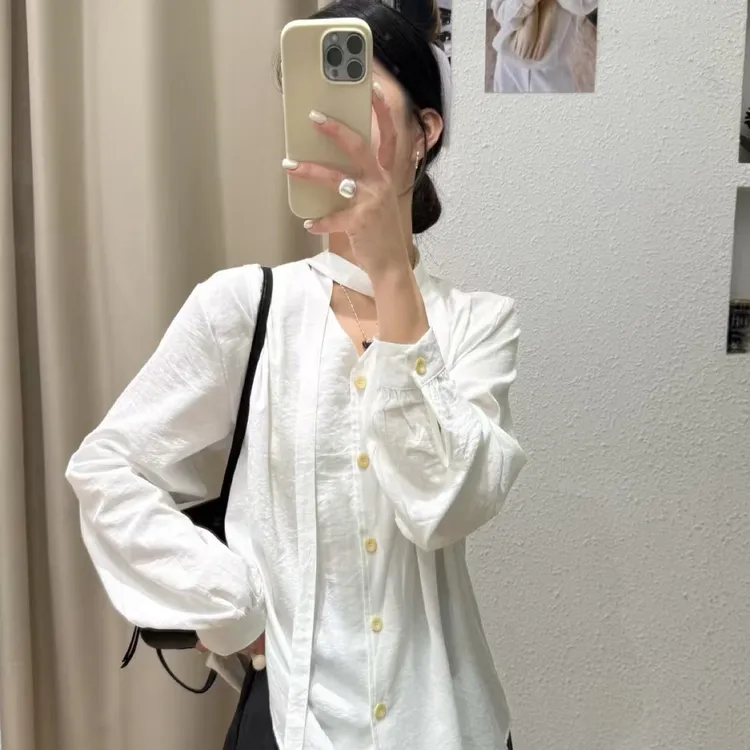 【周小茉】秋季韩风极简v领腰带衬衣