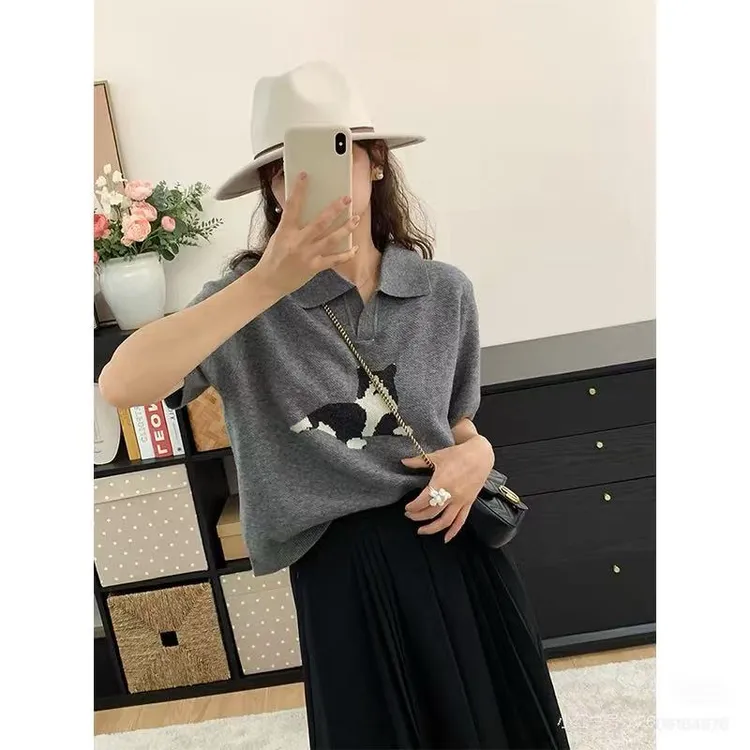 法式复古polo领短袖针织衫女春夏设计感小众显瘦气质百搭卡通图案