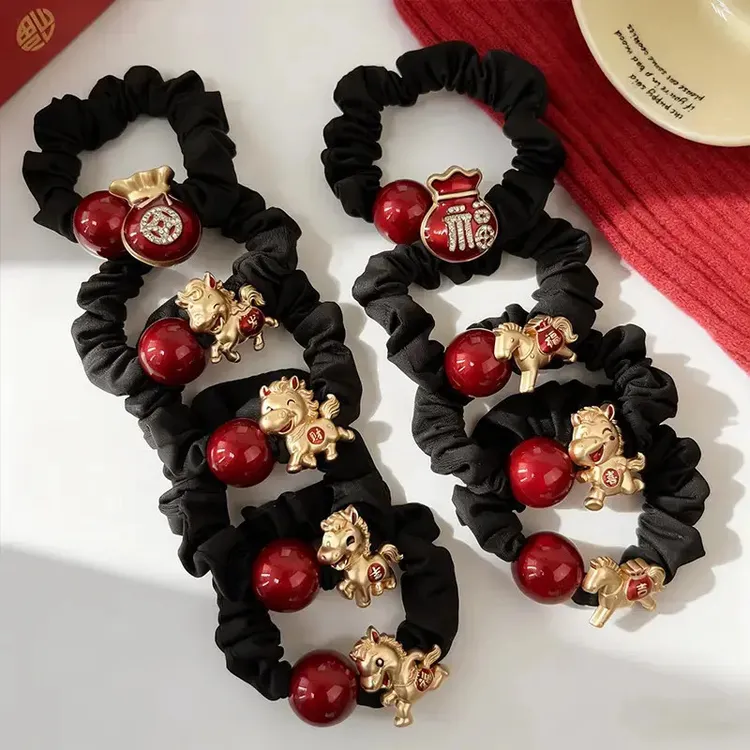 红色本命年2026马年生肖珠子无痕牛奶丝发圈马年钱袋子新年头绳