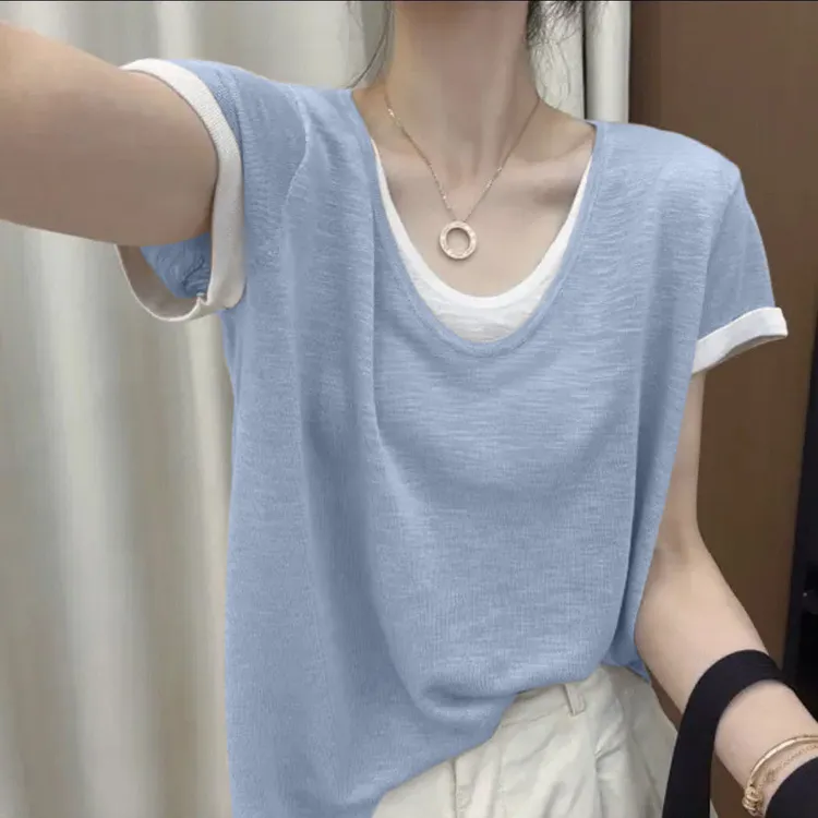 2025夏季薄款冰感雪花棉假两件v领短袖T恤休闲时尚穿搭洋气衣服女