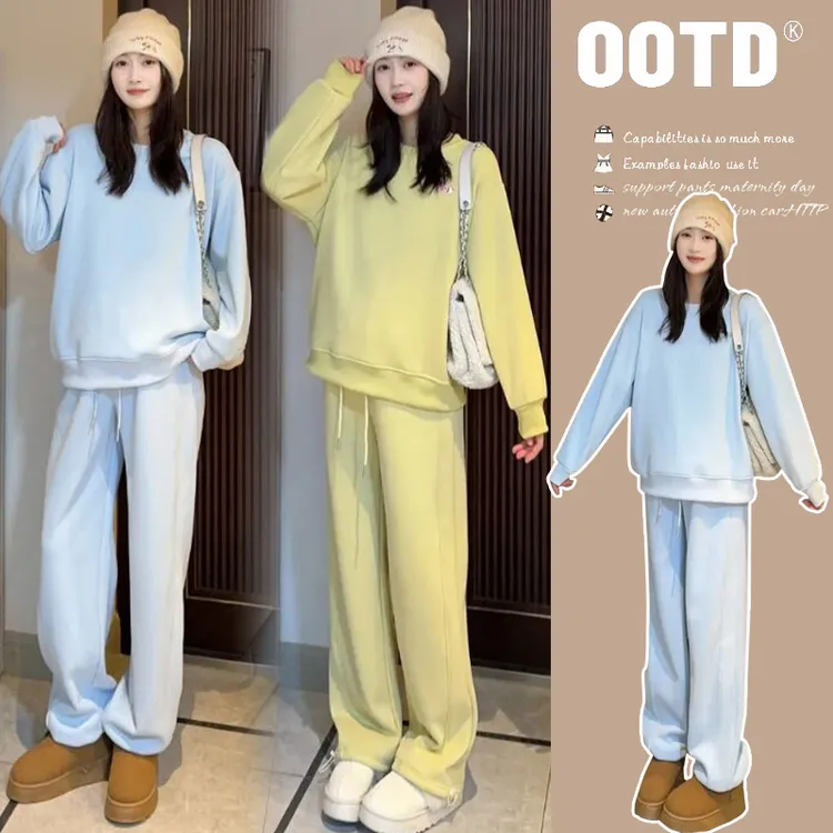 孕妇秋冬装加厚加绒套装2025春秋运动风外穿显瘦休闲卫衣两件套女