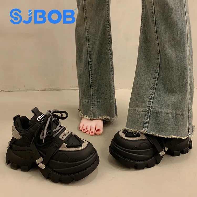 SJBOB增高厚底松糕老爹鞋女2025秋冬新款加绒黑色百搭休闲运动鞋