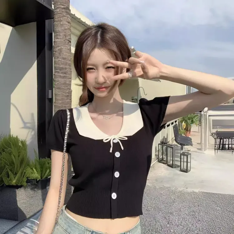 法式娃娃领减龄短袖芭蕾夏季新款修身设计别致显瘦感小众短款上衣