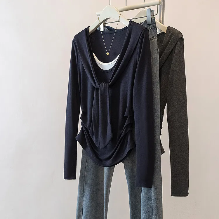 yoewshean/羽媗秋冬季假两件披肩长袖T恤大码女装微胖mm内搭上衣