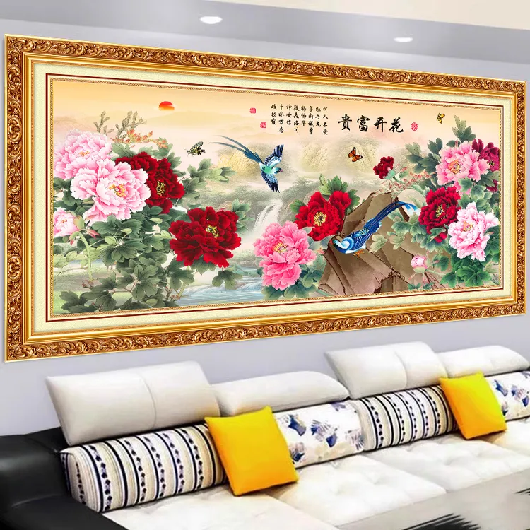 牡丹花开富贵山水客厅装饰画3d感墙贴画自粘印刷国画墙壁画贴纸