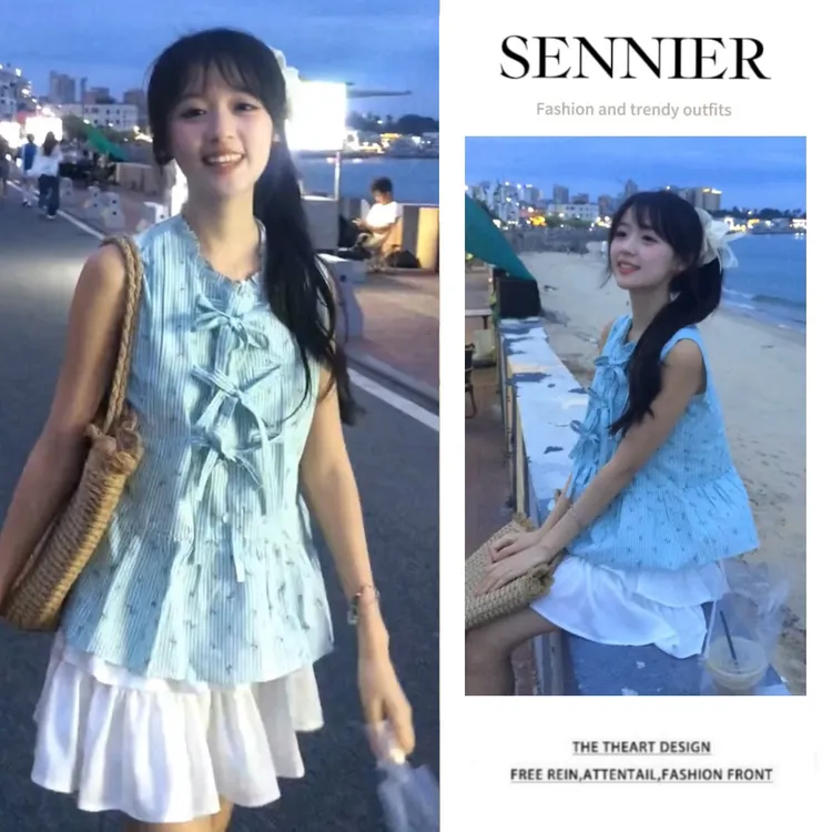 今年流行穿搭一整套2025夏季新款设计感蝴蝶结无袖上衣短裙两件套