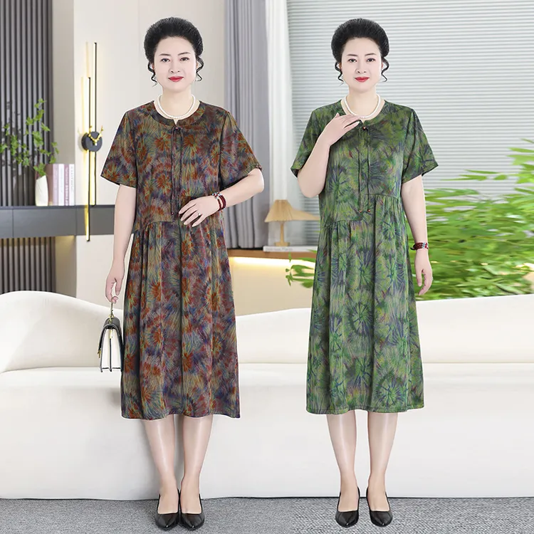 大码妈妈装国风立领中长款花色连衣裙夏新款洋气宽松拼接裙子2549