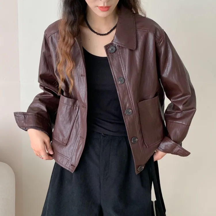 2025秋季新款皮衣复古翻领皮夹克短款时尚显瘦休闲小个子外套女